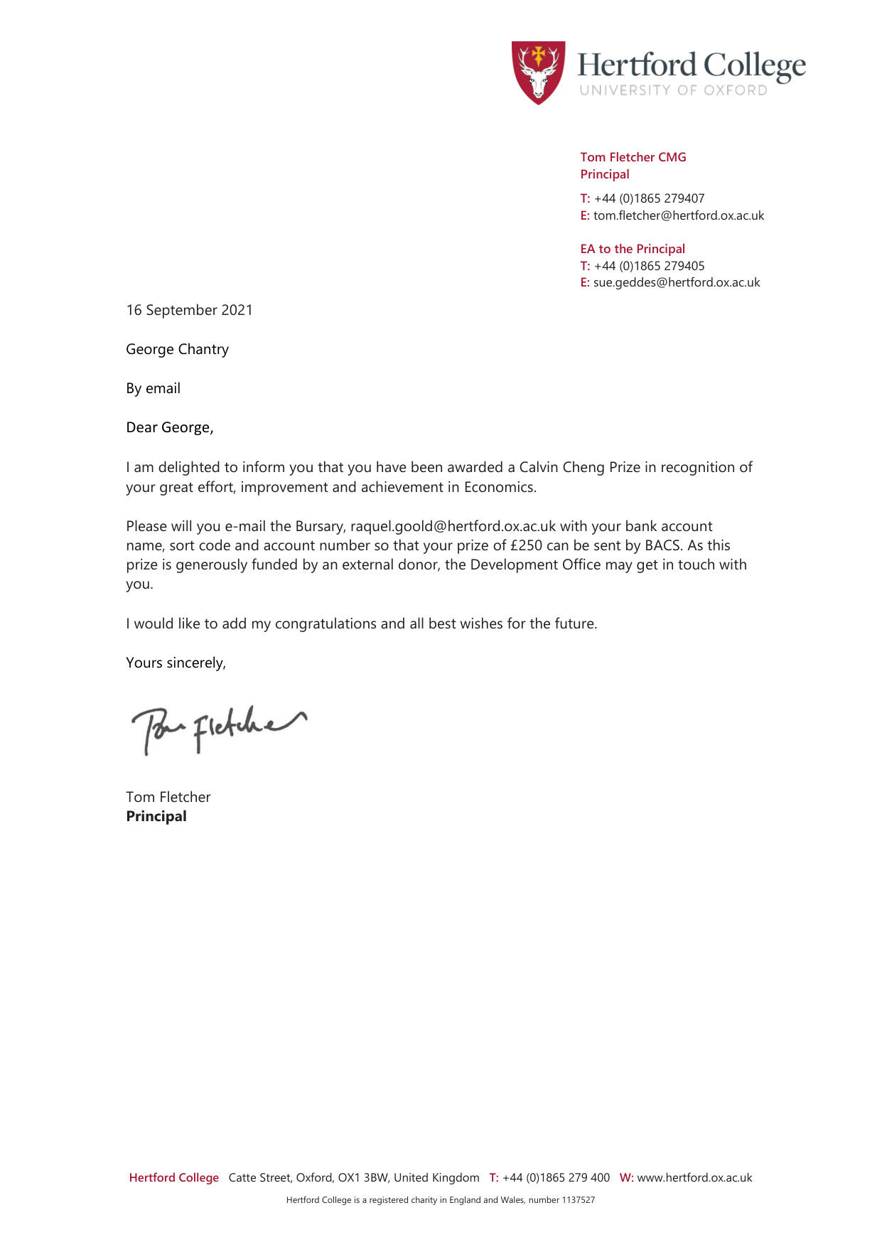 Hertford College letter dated 16 September 2021 awarding George Chantry a Calvin Cheng Prize in recognition of great effort, improvement and achievement in Economics, signed by the Principal, Tom Fletcher