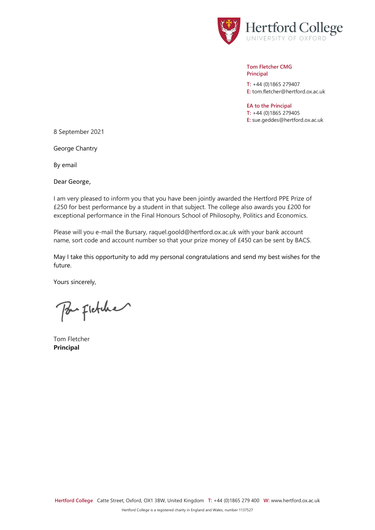 Hertford College letter dated 8 September 2021 awarding George Chantry the Hertford PPE Prize for best performance by a student in the subject, jointly awarded, plus a college award for exceptional performance in the Final Honours School of Philosophy, Politics and Economics, signed by the Principal, Tom Fletcher
